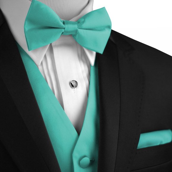 Men's Formal Wedding Prom Homecoming Tuxedo Vest Bow-Tie Hankie - Mint Satin - Picture 1 of 4
